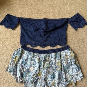 VS Navy Off-Shoulder Lace Top and Paisley Shorts Set
